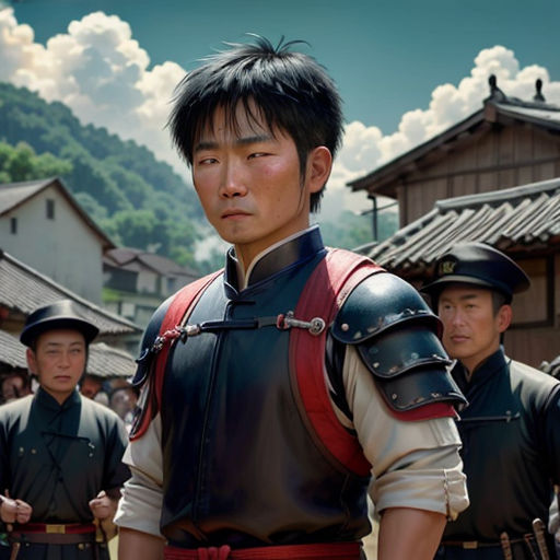a group of men in uniforms standing next to each other in front of a mountain range with houses and clouds