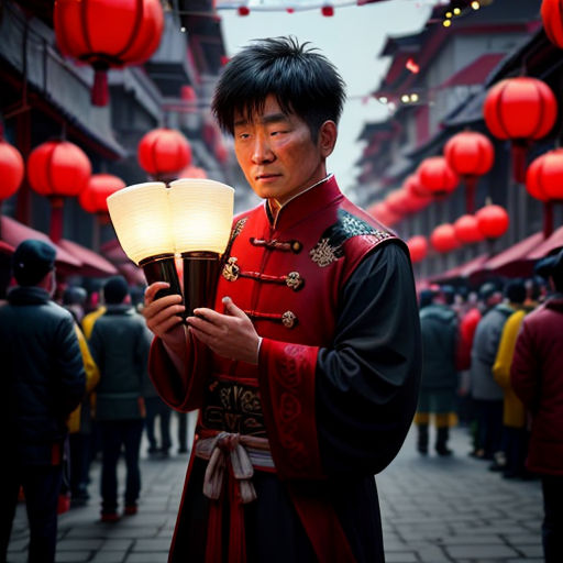 a man in a red outfit holding a lamp in a crowded street with red lanterns hanging above him and a woman in a black dress