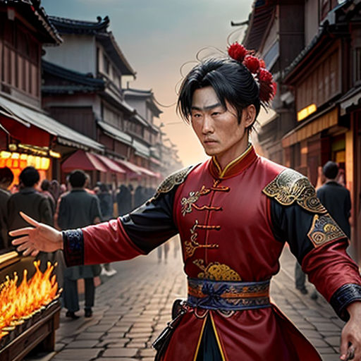 a man in a red and black outfit standing in front of a fire pit in a street with people walking by
