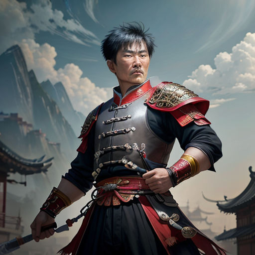 a man in a chinese costume holding a sword and wearing a helmet with a dragon on it, standing in front of a sky with clouds