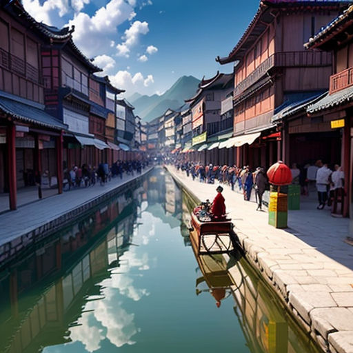 a canal with people walking on it and buildings on both sides of it and a sky with clouds in the background