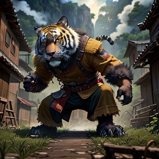 a tiger in a village with a man in a suit and a tiger in a suit and a tiger in a village