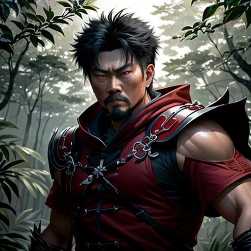 a man in a red shirt and black hair standing in a forest with trees and bushes behind him, with a sword in his hand