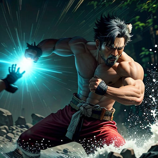 a man in a fighting stance with a glowing light in his hand and another man in a red outfit