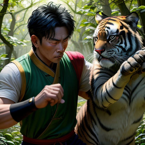 a man holding a tiger in a jungle with trees in the background and a tiger in the foreground