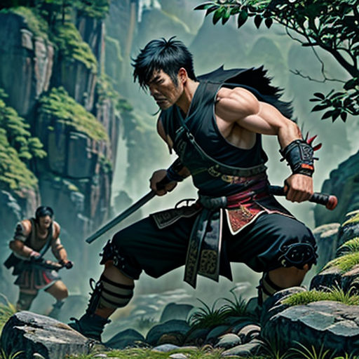 a man in a black outfit holding a sword in a forest with two other men in the background,