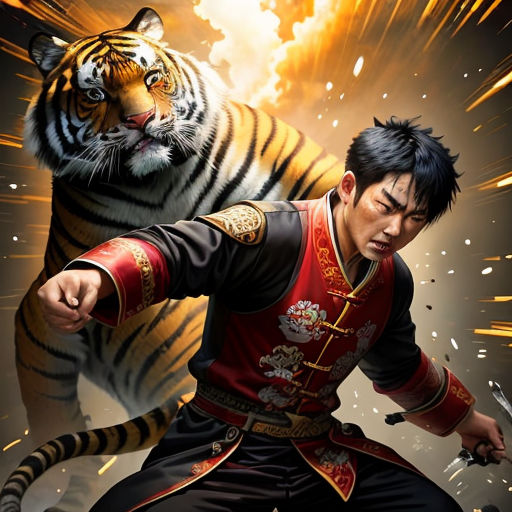 a man in a red and black outfit with a tiger in the background and a sword in his hand