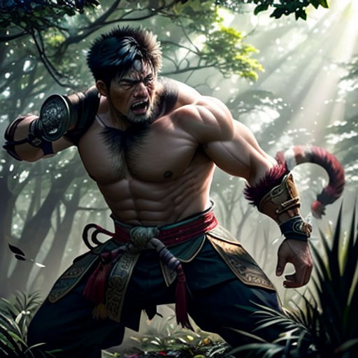 a man with a sword in a forest with trees and plants in the background, with a demon like face and arm