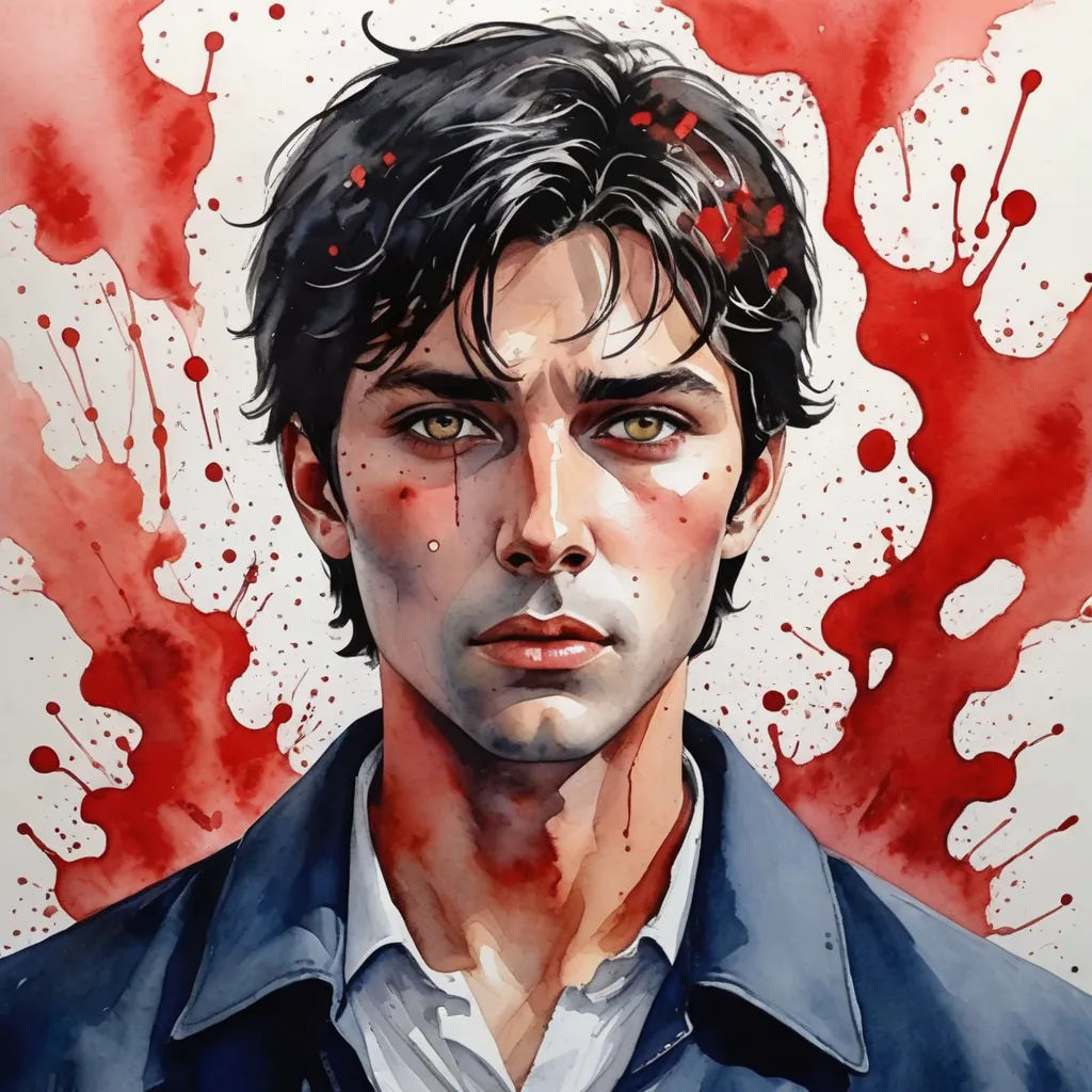 a man with a blood stain on his face and a blood splattered background is shown in this illustration, figurative art, a watercolor painting, Aaron Jasinski, yukito kishiro