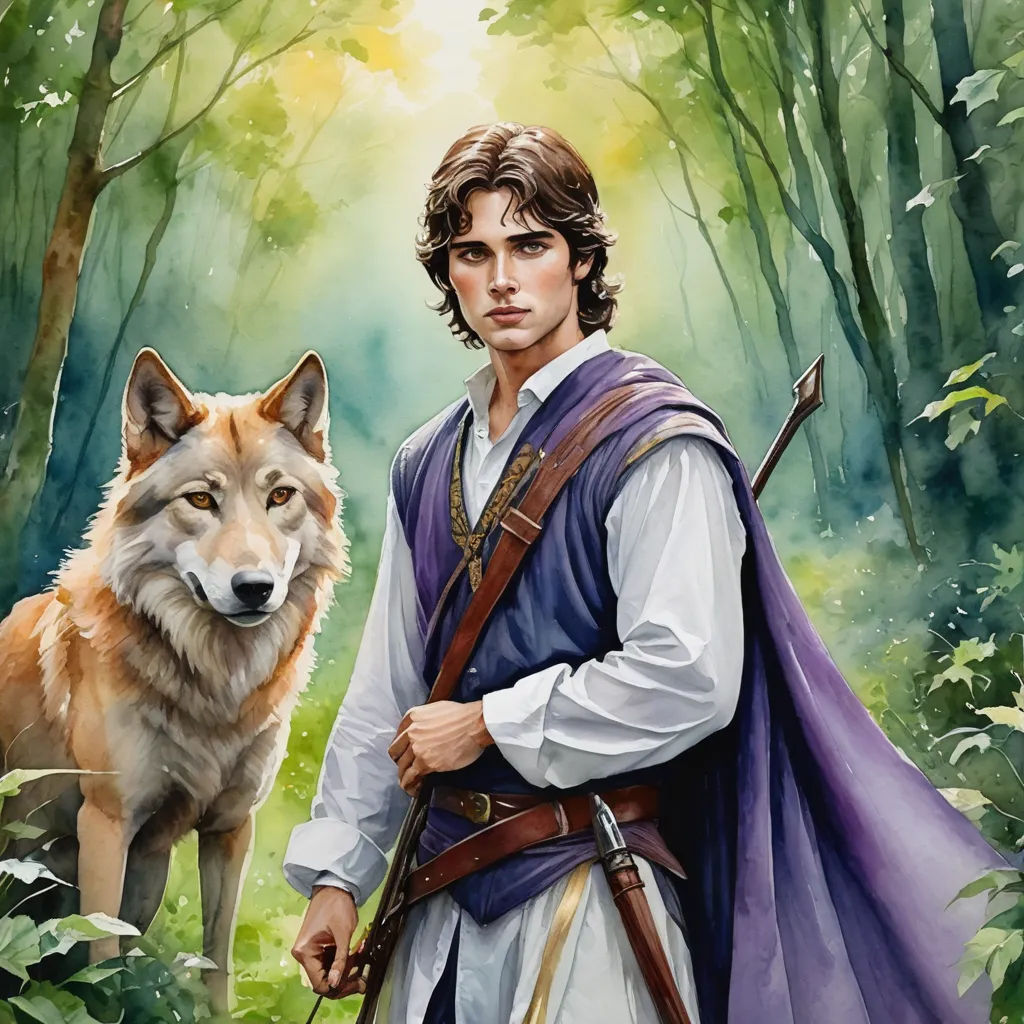 a painting of a man and a wolf in the woods with trees in the background and a man in a purple cloak, fantasy art, a character portrait, Brothers Hildebrandt, official art