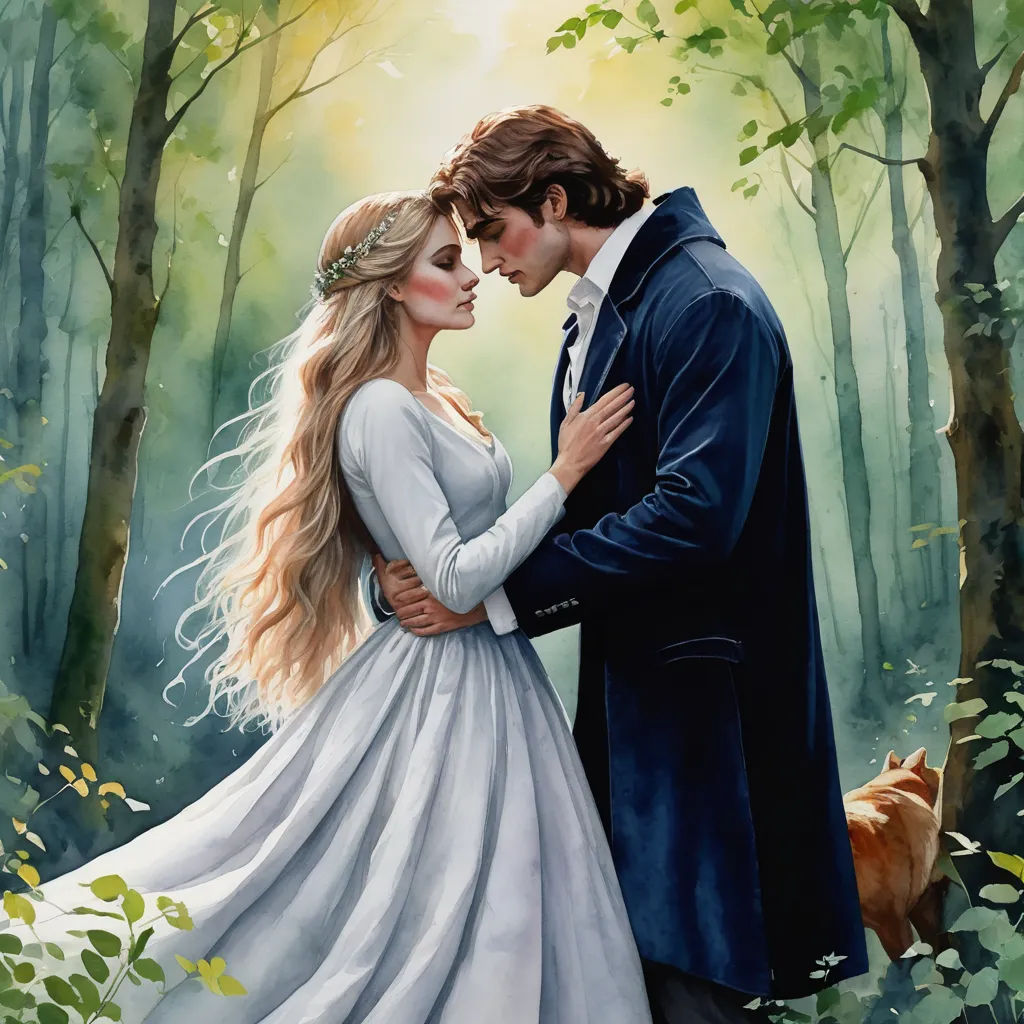a painting of a couple in a forest kissing each other with a fox nearby in the foreground of the painting, fantasy art, a storybook illustration, Charlie Bowater, official art