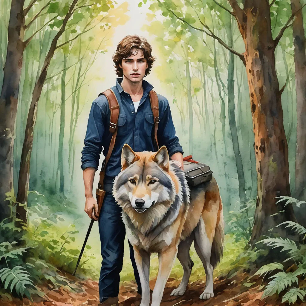 a man with a backpack and a wolf in the woods with trees and leaves behind him, with a backpack on his shoulder, fantasy art, a fine art painting, Dirk Crabeth, official art
