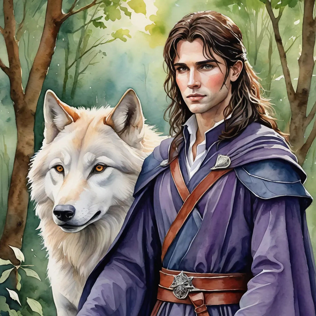 a painting of a man with a wolf in his hand and a forest behind him, with trees and leaves, fantasy art, a character portrait, Fabien Charuau, official art