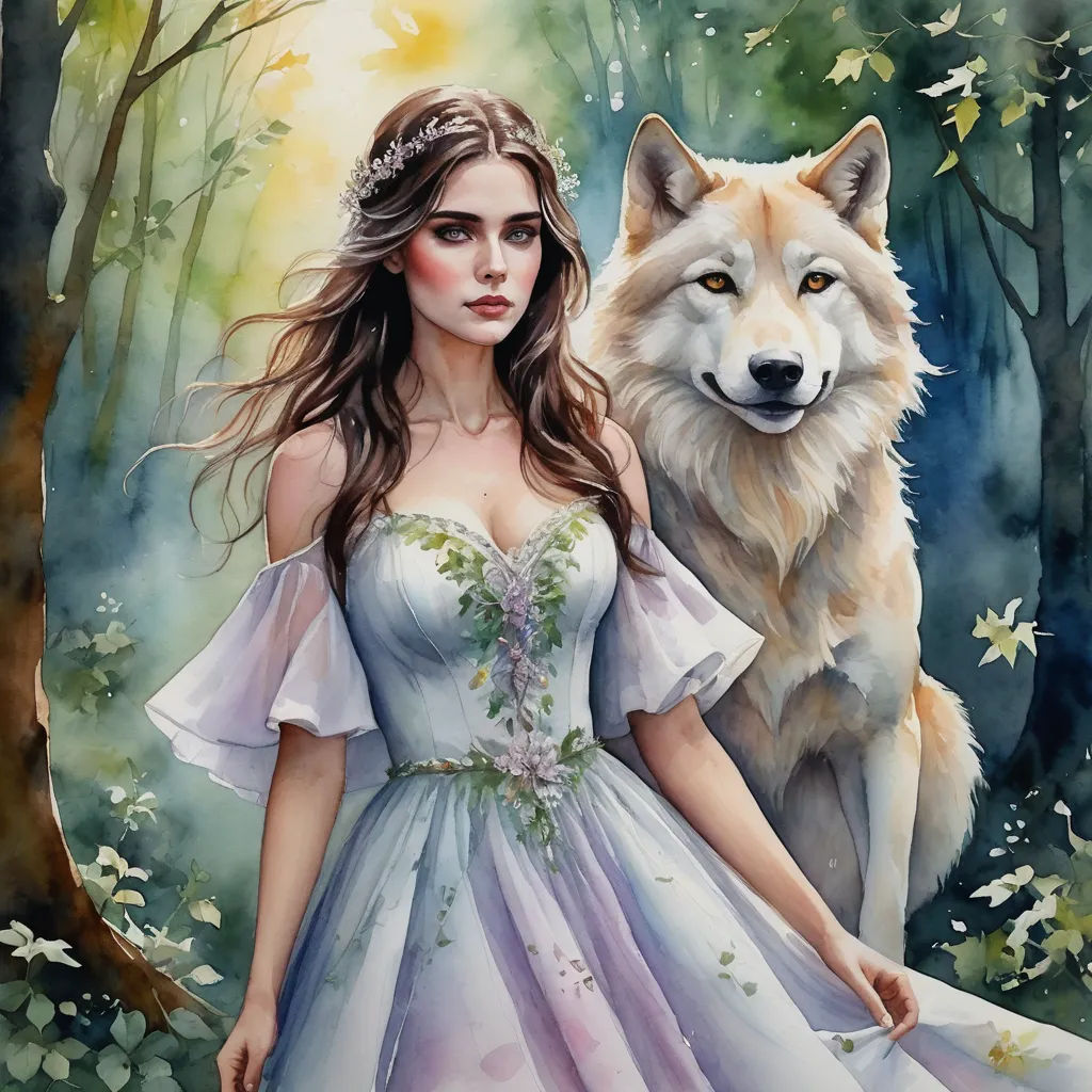 a painting of a woman in a dress next to a wolf in the woods with leaves on her head, fantasy art, a detailed painting, Anne Stokes, trending on art station