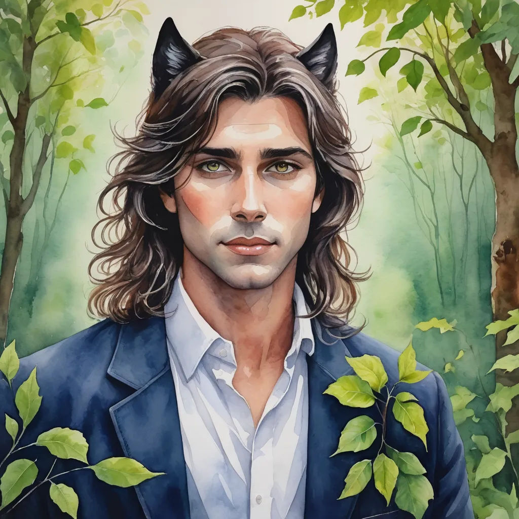 a painting of a man with a cat's head on his jacket and a green plant in his lap, furry art, a fine art painting, Aaron Jasinski, in gouache detailed paintings