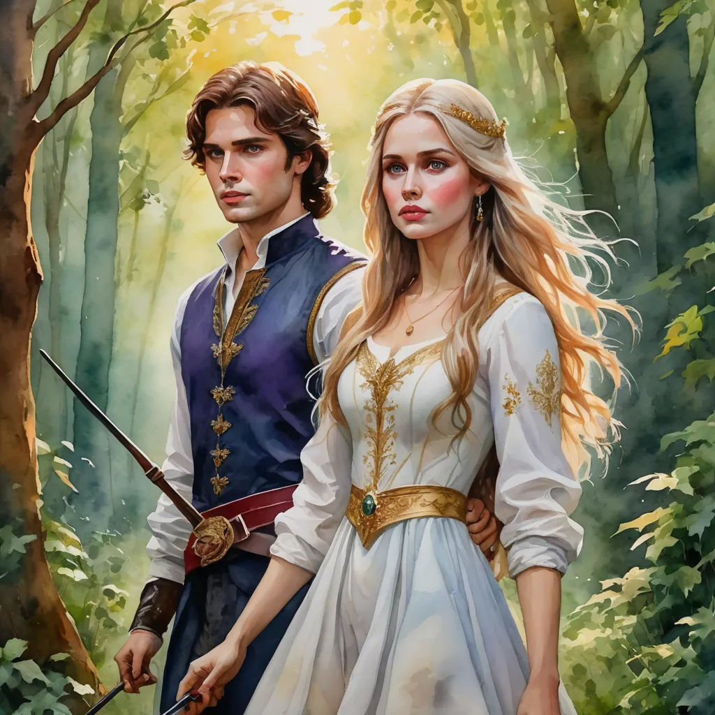 a painting of a man and a woman in renaissance dress standing in a forest holding swords and a sword, fantasy art, a storybook illustration, Colin Middleton, official art