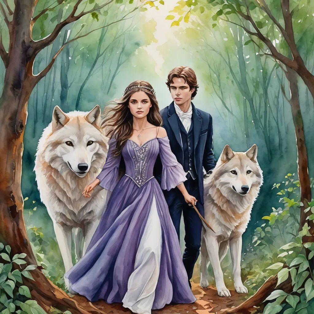 a painting of a man and woman in a forest with two wolfs and a man in a suit, fantasy art, a storybook illustration, Anne Stokes, official art