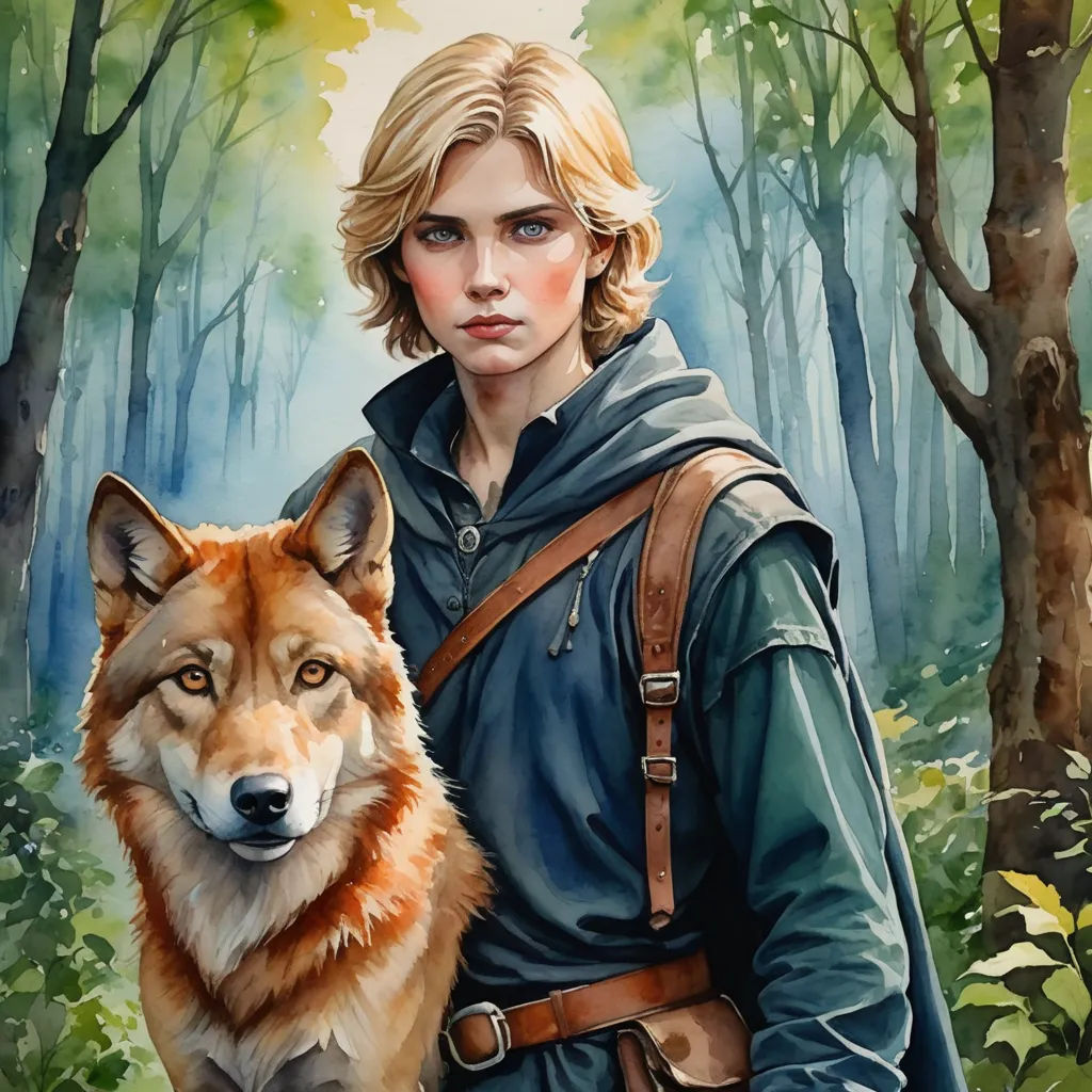 a painting of a woman with a wolf in a forest with trees and bushes behind her, with a forest scene behind her, fantasy art, a fine art painting, Aaron Jasinski, official art