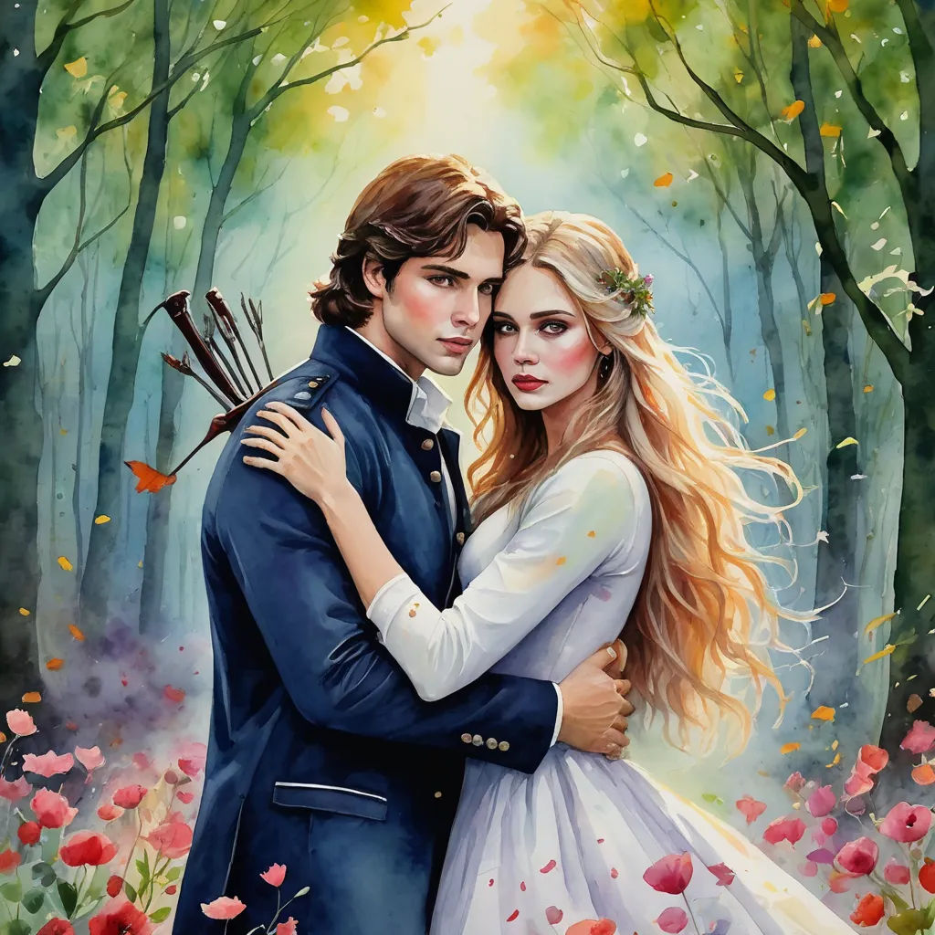 a painting of a couple hugging in the woods with flowers around them and a sun shining through the trees, fantasy art, a storybook illustration, Anna Dittmann, official art