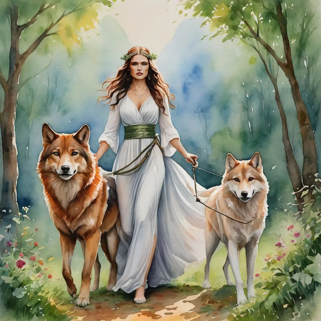 a woman in a white dress walking two dogs in a forest with trees and flowers on the side of the road, fantasy art, a fine art painting, Anne Stokes, woman
