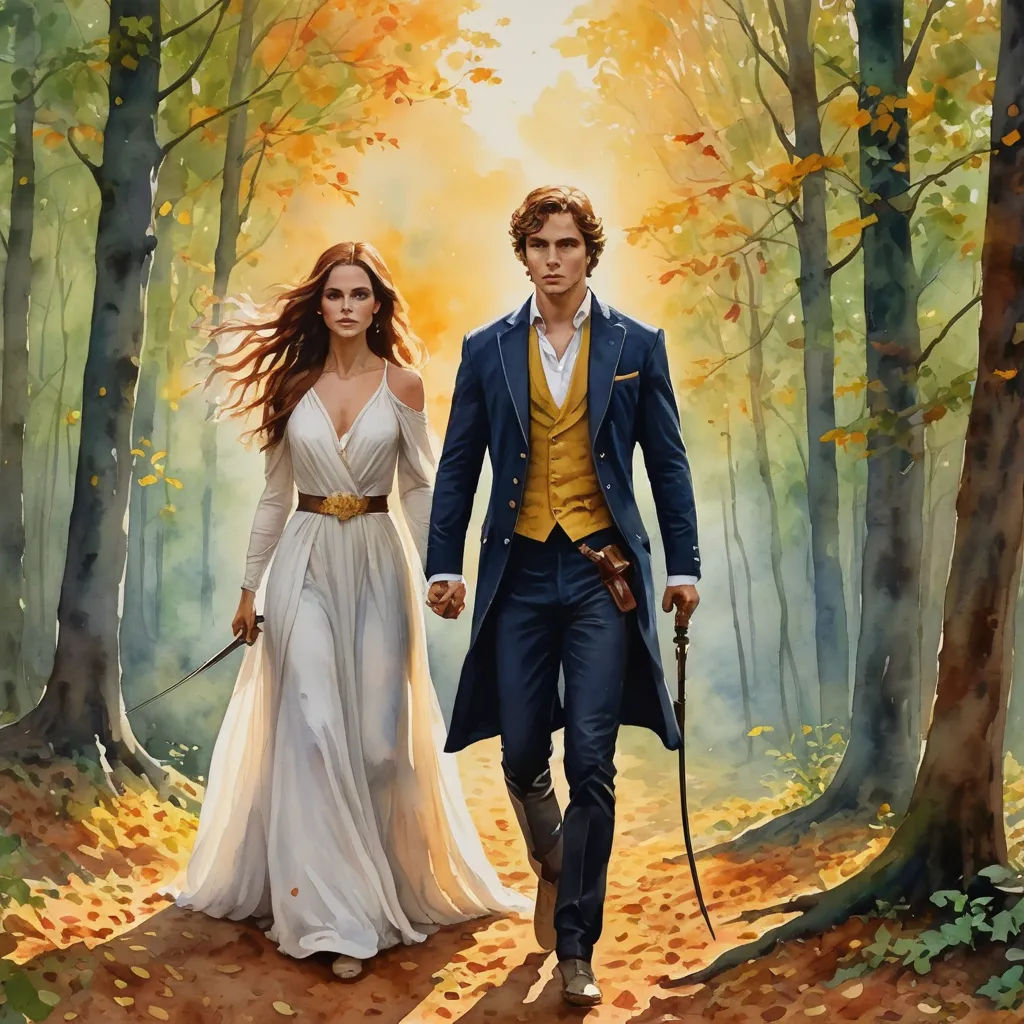 a painting of a man and woman walking through a forest holding swords and a sword in their hands,, fantasy art, a fine art painting, Charlie Bowater, official art