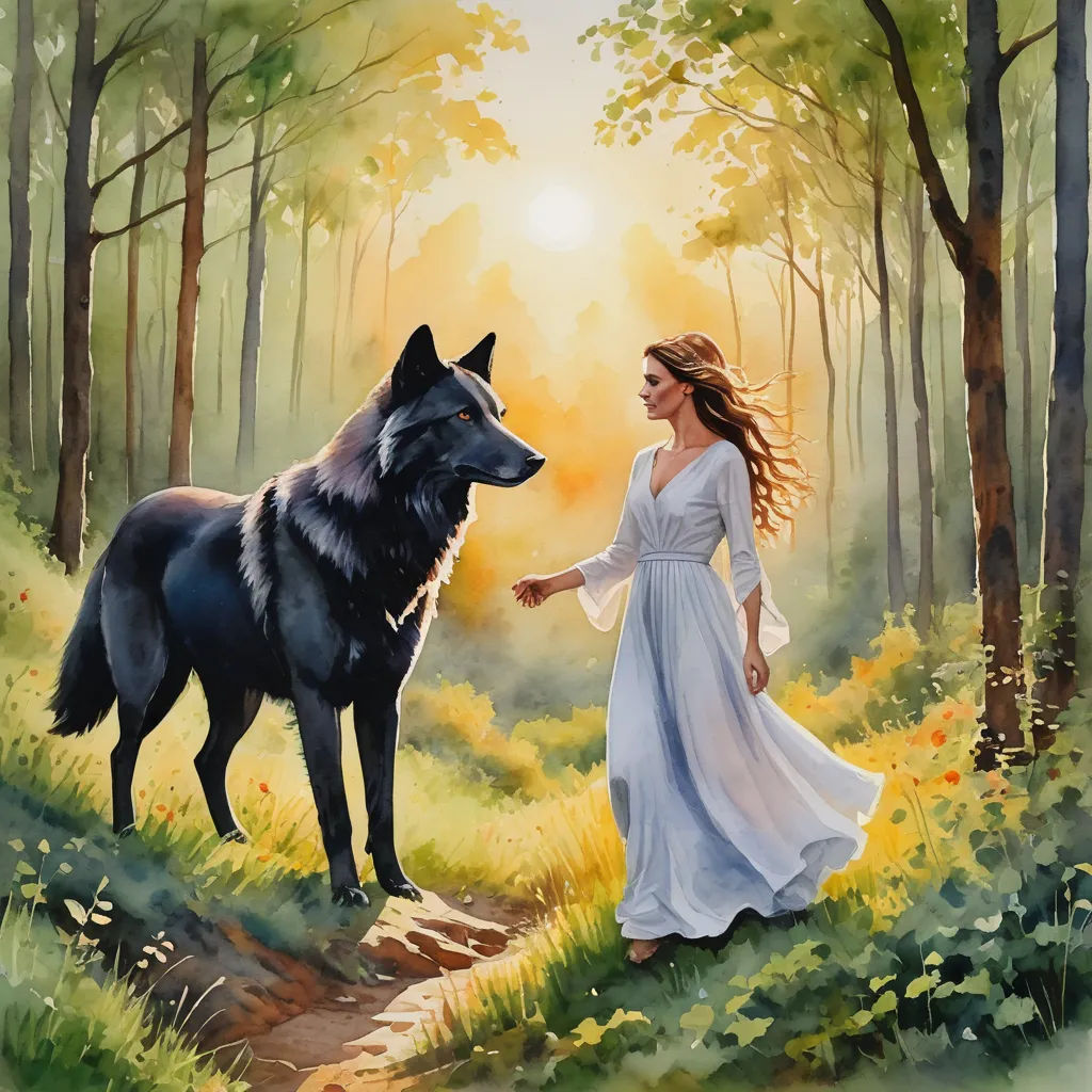 a painting of a woman and a wolf in a forest with sun shining through the trees and grass, with a path leading to the wolf, fantasy art, a fine art painting, Anne Stokes, fantasy artwork
