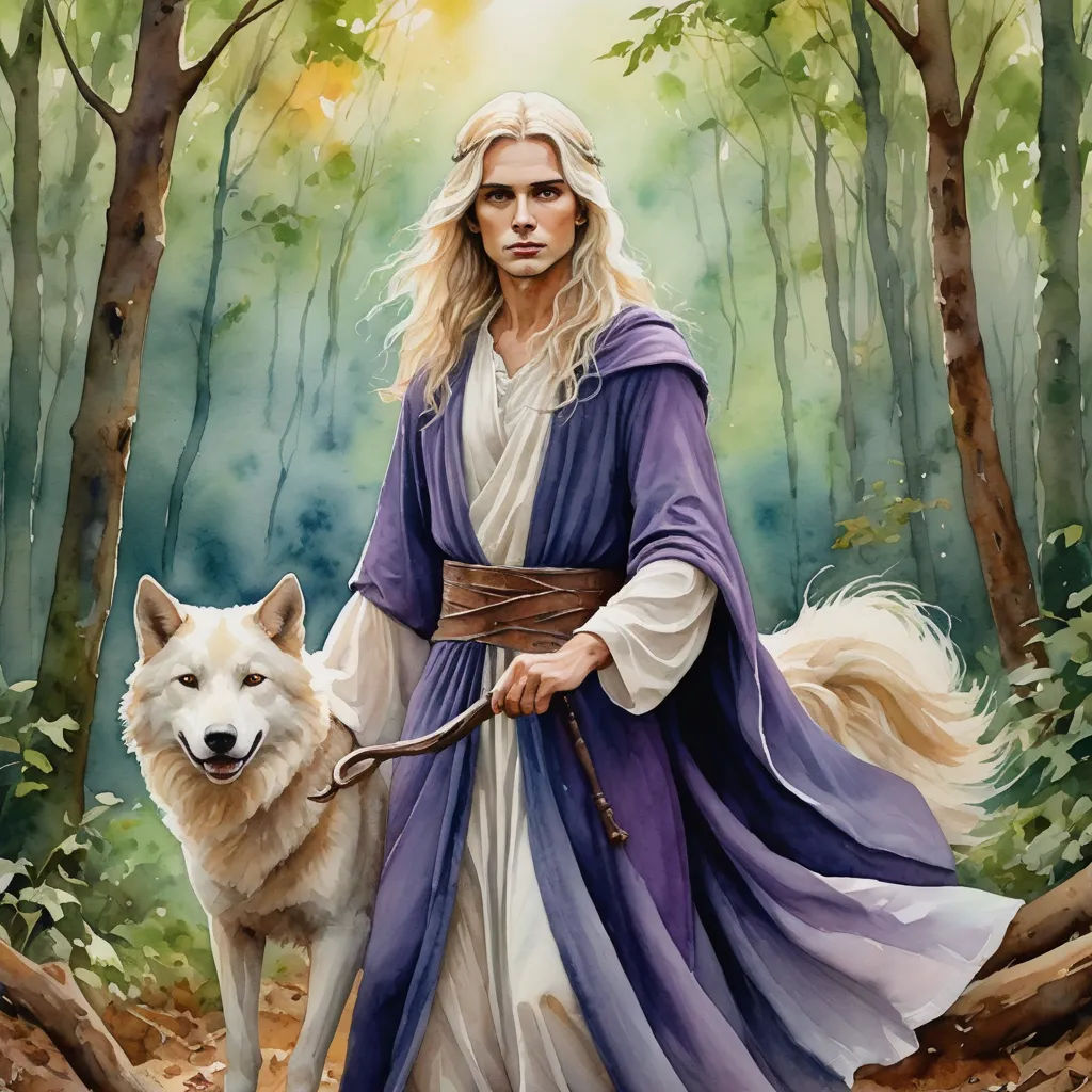 a painting of a woman with a wolf in a forest with trees and leaves behind her, with a dog in the foreground, fantasy art, a detailed painting, Fabien Charuau, official art