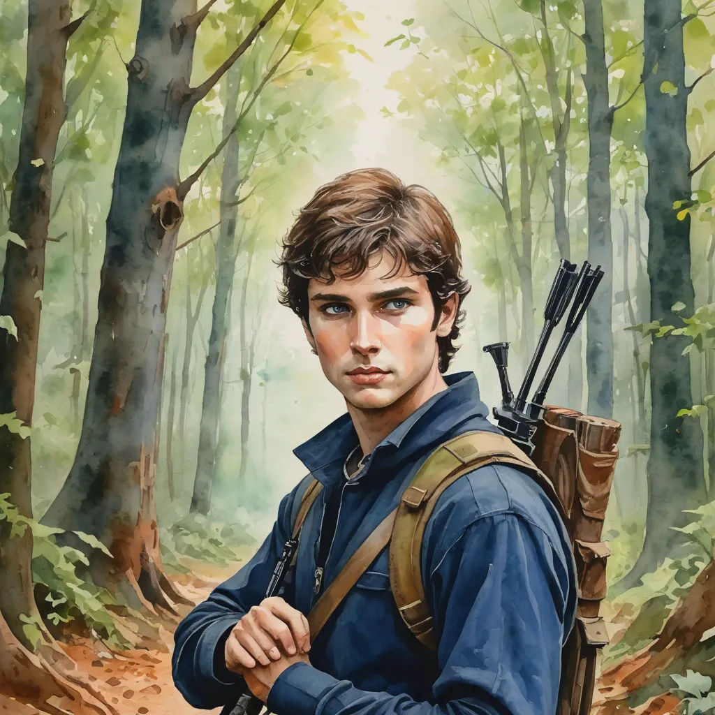 a painting of a young man with a backpack and rifle in a forest with trees and leaves on the ground, sots art, a character portrait, David Palumbo, official art