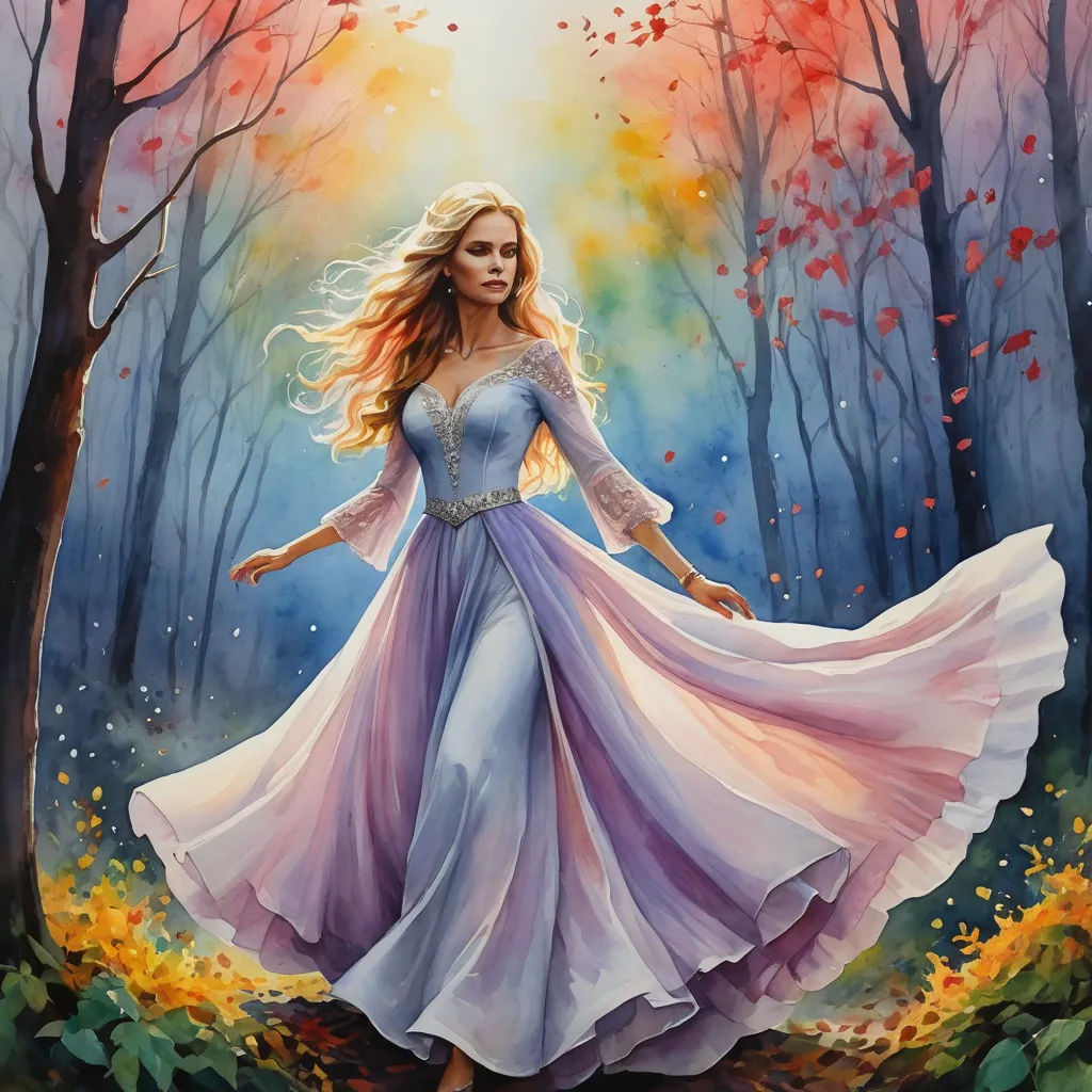 a painting of a woman in a dress in the woods with trees and leaves around her, with a sun shining through the trees, fantasy art, a fine art painting, Christophe Vacher, official art