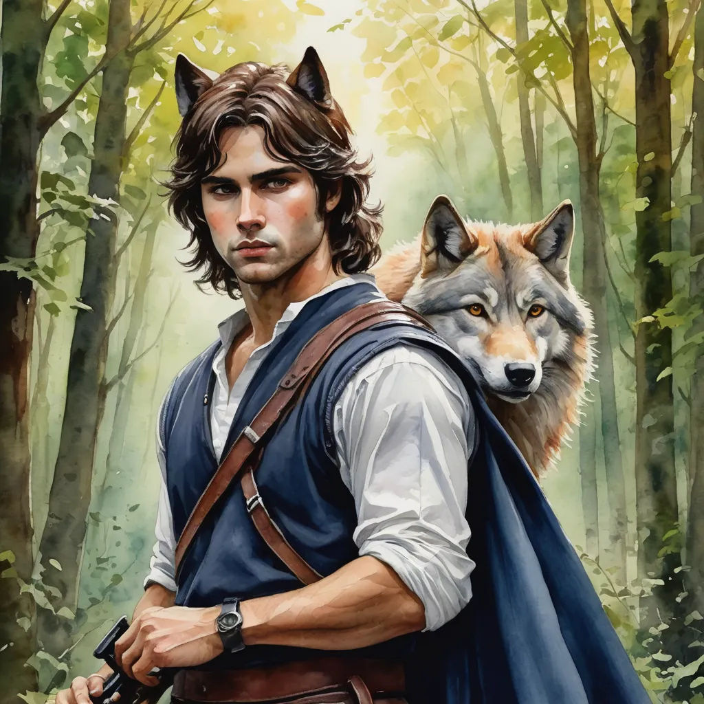 a painting of a man with a wolf on his back and a gun in his hand, in a forest, furry art, a fine art painting, Aaron Jasinski, official art
