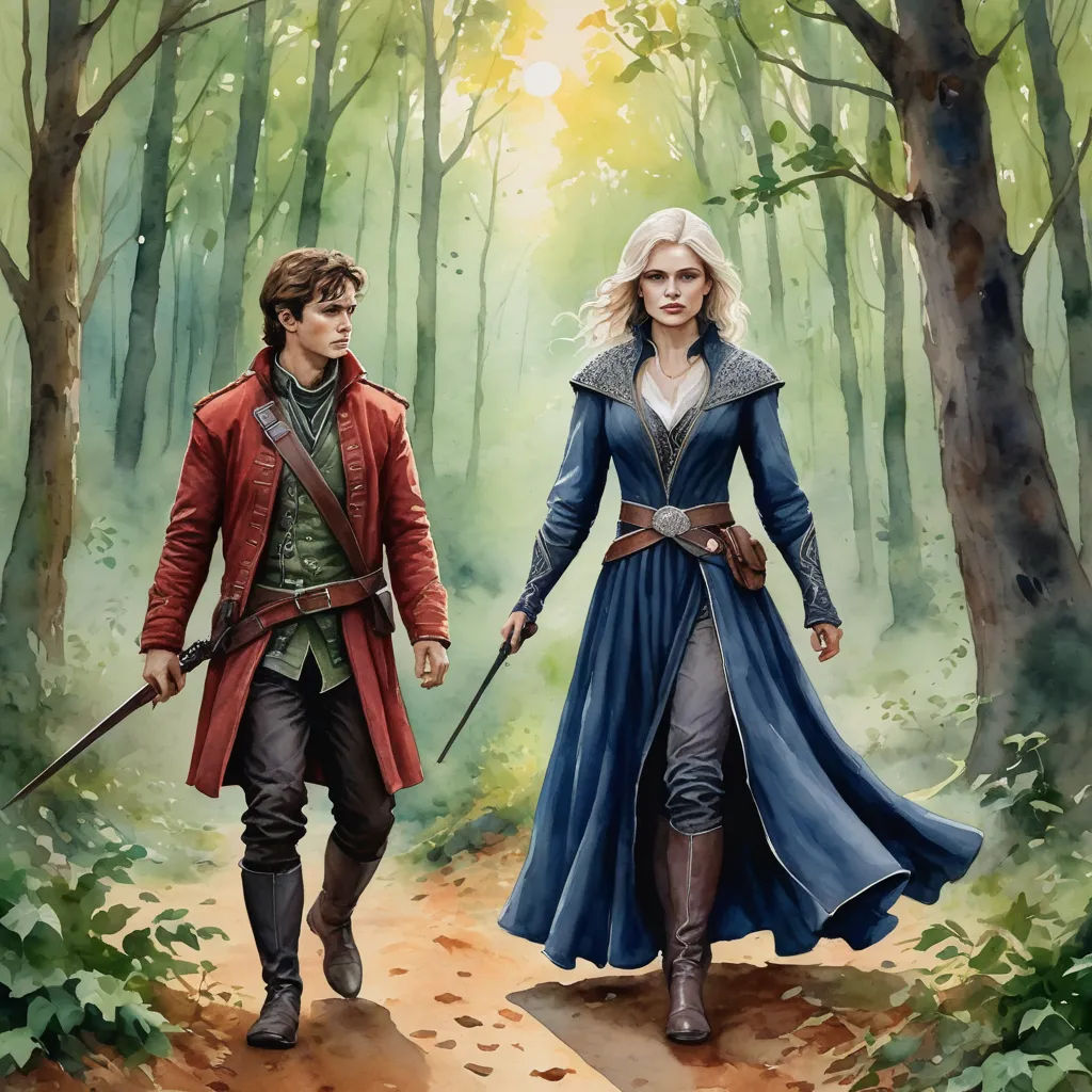 a painting of a man and a woman walking through a forest holding swords and a sword in their hands, fantasy art, a storybook illustration, Dirk Crabeth, official art