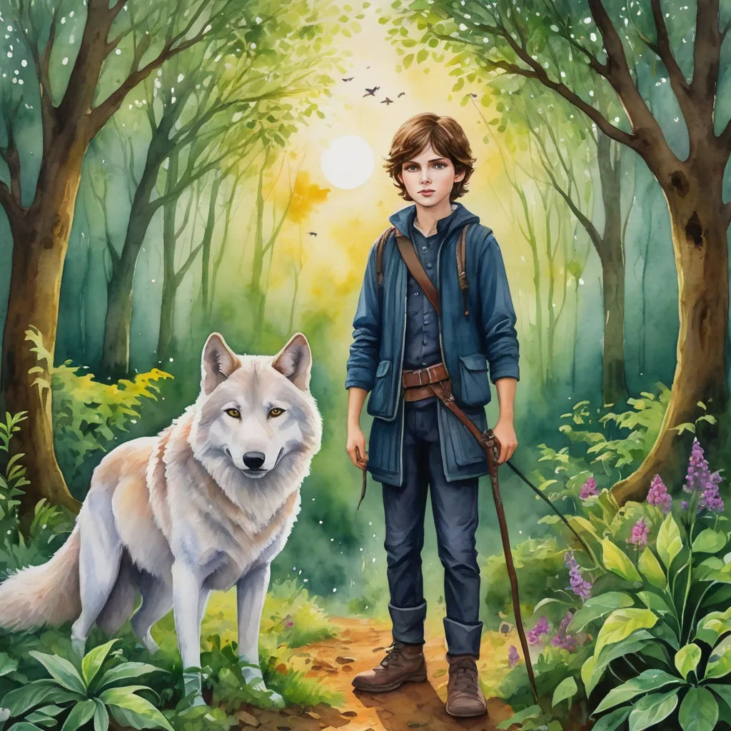 a painting of a boy and a wolf in a forest with a bird flying overhead and a bird flying overhead, fantasy art, a storybook illustration, Aaron Jasinski, official art