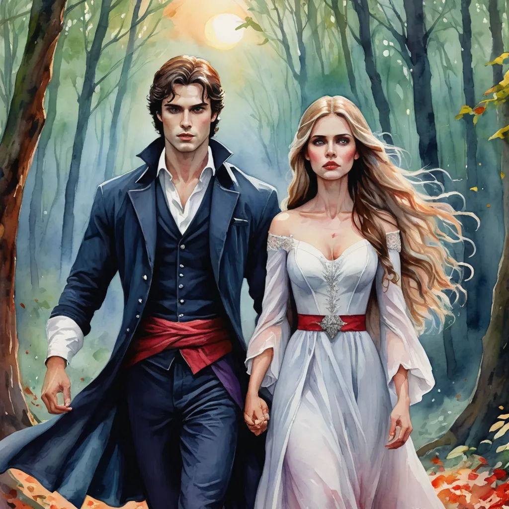a painting of a man and a woman walking through a forest holding hands and looking at each other with a red belt around their waist, fantasy art, a detailed painting, Anne Stokes, official art