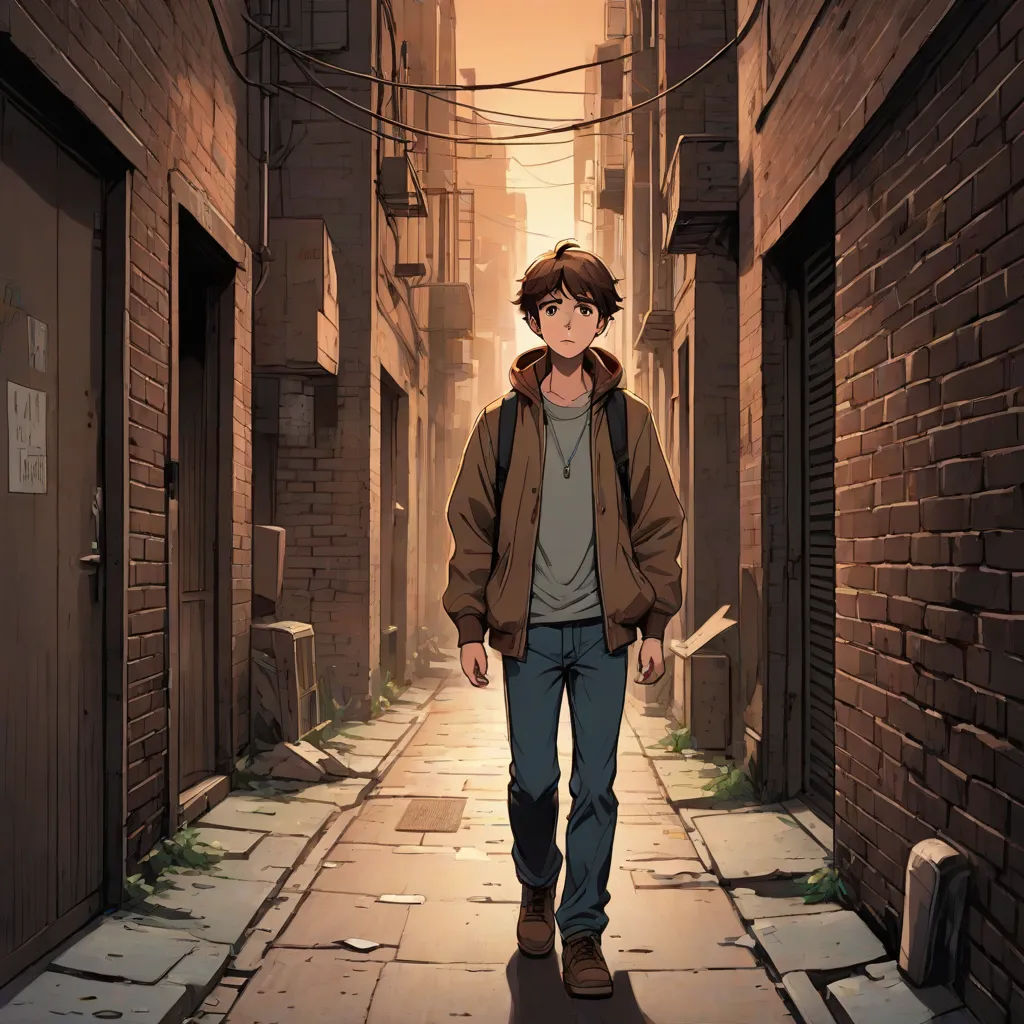 a man walking down a street next to a brick building with a door open and a sign hanging from the side of the building, Cedric Seaut (Keos Masons), graffiti, concept art, anime key visual