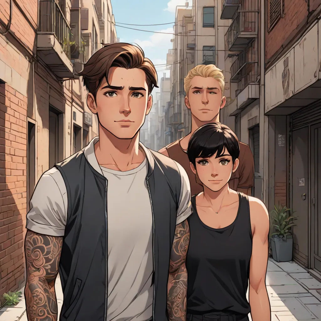 a group of young men standing next to each other on a city street with buildings in the background and a man with tattoos on his arm, Cedric Seaut (Keos Masons), sots art, a comic book panel, official art