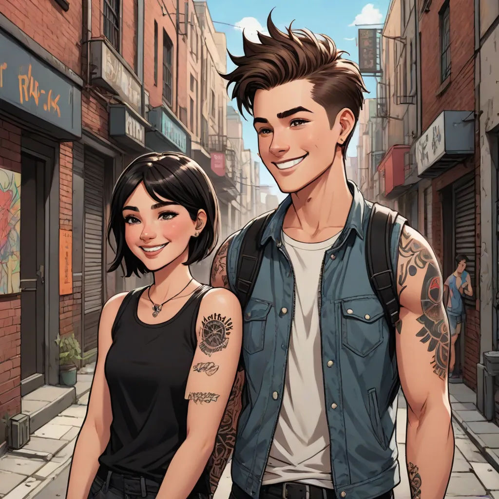 a man and a woman standing next to each other on a street with buildings in the background and a sky background, Artgerm, aestheticism, a comic book panel, rossdraws global illumination
