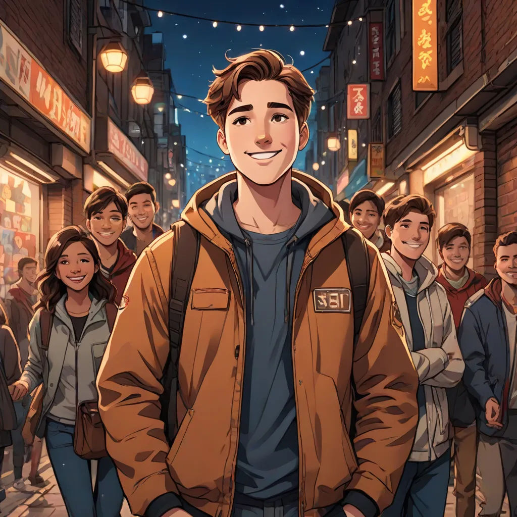 a man standing in front of a crowd of people on a street at night with a smiling face on his face, David Park, sots art, a comic book panel, rossdraws global illumination