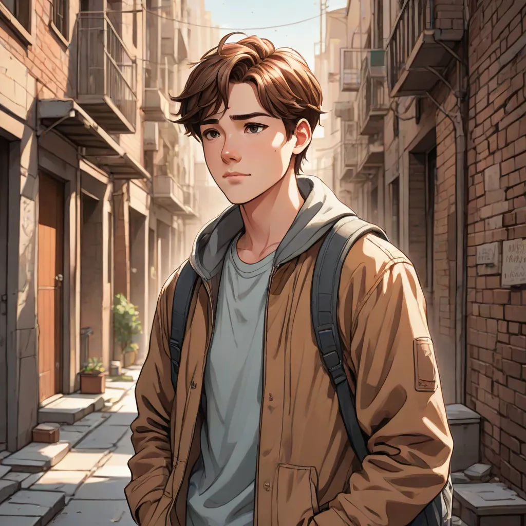 a man standing in an alley way with a backpack on his shoulder and a backpack on his shoulder, looking at the camera, David Park, serial art, a character portrait, rossdraws global illumination