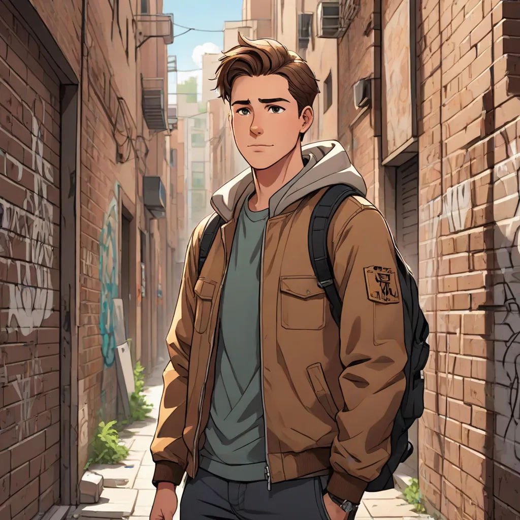 a man standing in an alley way with a backpack on his back and a backpack on his shoulder, in front of a brick wall, Cedric Seaut (Keos Masons), sots art, a character portrait, kinkade