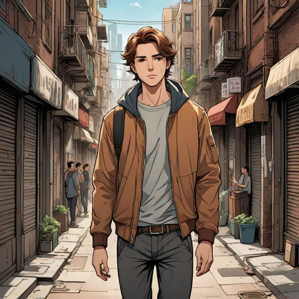 a man walking down a street next to a tall building with a clock on it's side walk, Cedric Seaut (Keos Masons), serial art, a comic book panel, official art