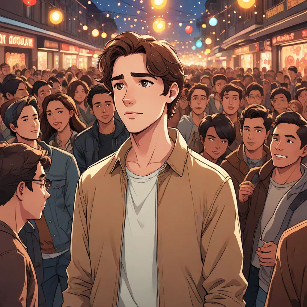 a man standing in front of a crowd of people in a mall at night with lights on the ceiling, David Park, remodernism, a comic book panel, official art