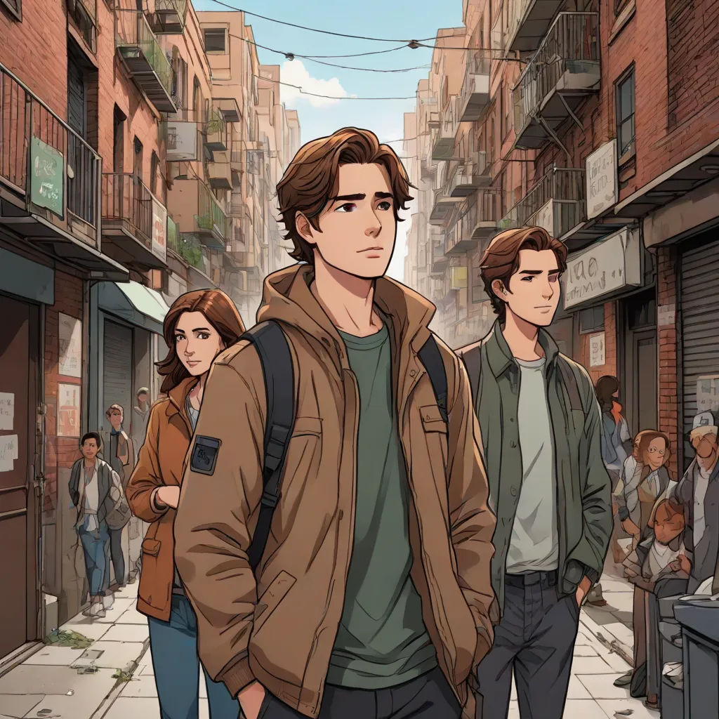 a man walking down a street next to a woman and a man with a backpack on his back and a man in a brown jacket, Cedric Seaut (Keos Masons), serial art, a comic book panel, official art