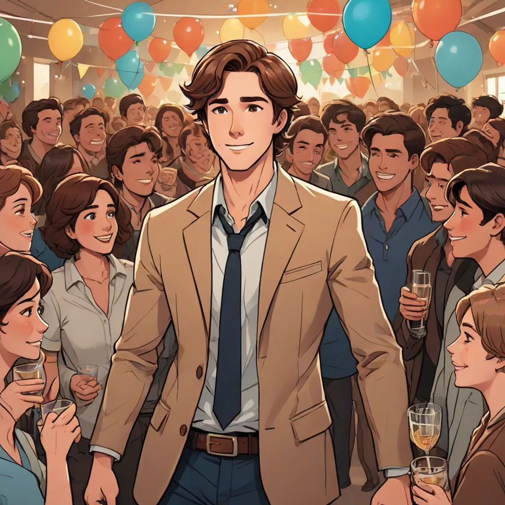 a man in a suit and tie standing in front of a crowd of people with balloons and balloons in the background, David Park, sots art, a comic book panel, official art