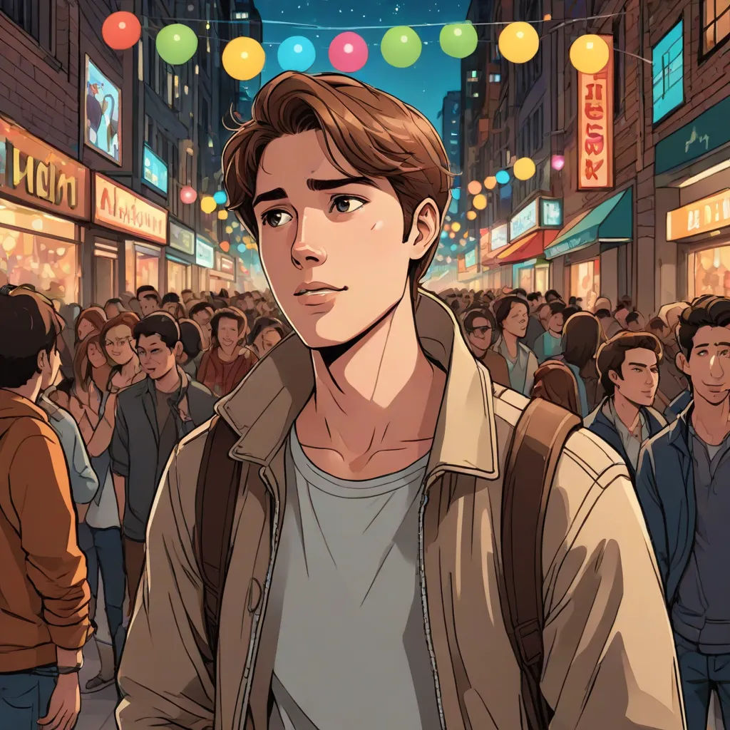 a man standing in front of a crowd of people in a city at night with balloons hanging from the ceiling, David Park, remodernism, a comic book panel, rossdraws global illumination