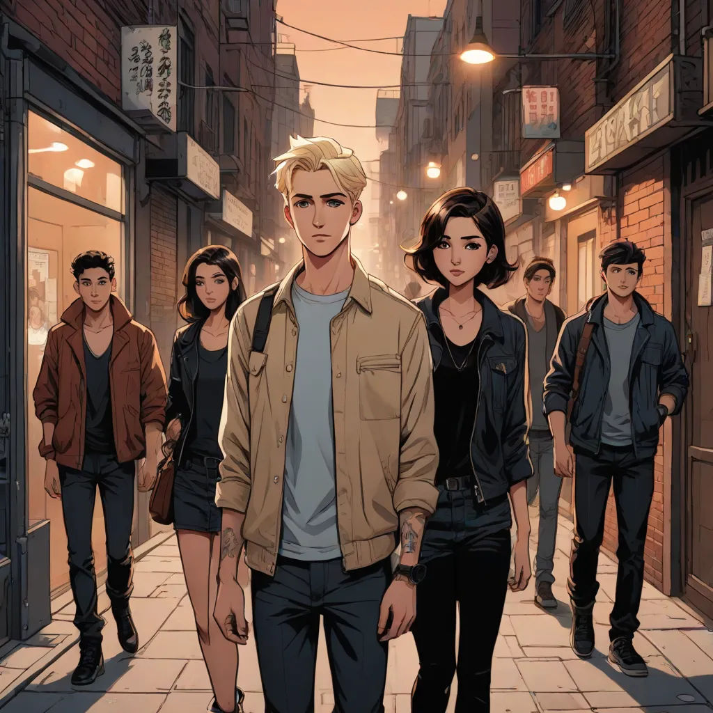 a group of people walking down a street next to each other on a sidewalk with a man in a brown jacket, Cedric Seaut (Keos Masons), sots art, a comic book panel, rossdraws global illumination