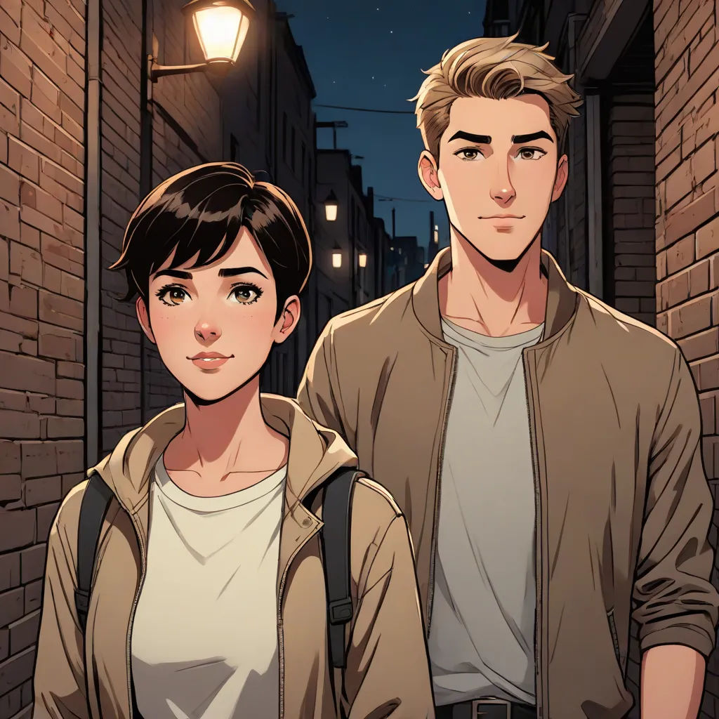 a man and a woman standing next to each other in a street at night with a street light in the background, Cedric Seaut (Keos Masons), serial art, a comic book panel, official art