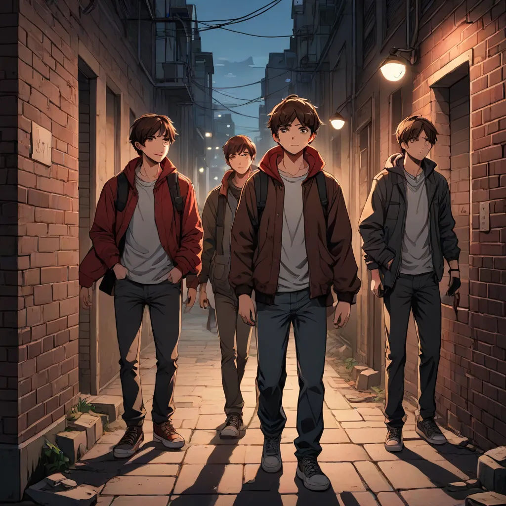 a group of young men standing next to each other on a street at night time with a brick wall, Bian Jingzhao, rayonism, concept art, anime key visual