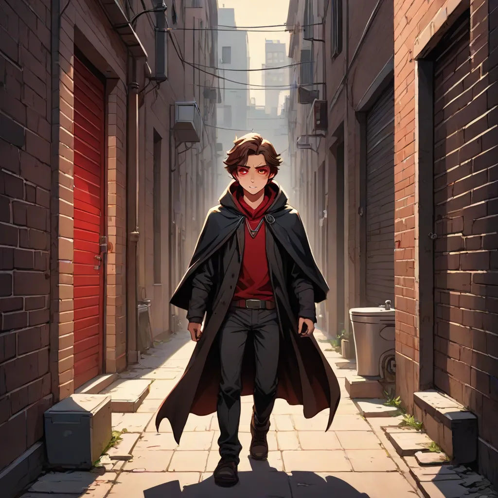 a man in a red shirt and black coat walking down a street with a red door and a red brick wall, Adam Manyoki, rayonism, concept art, official art