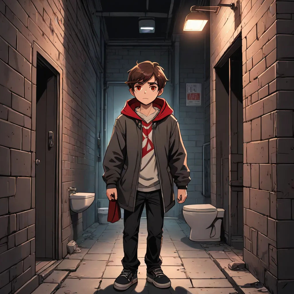 a man standing in a hallway with a red tie on and a white toilet in the background with a brick wall, Cedric Seaut (Keos Masons), serial art, a character portrait, 2 d game art