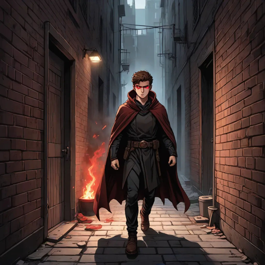 a man in a cape and glasses walking down a street in a alley way with a fire in the background, Cedric Seaut (Keos Masons), fantasy art, concept art, official art